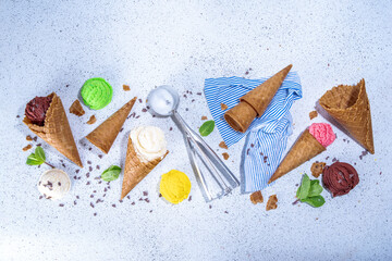Fototapeta na wymiar Colorful ice cream in waffle cones