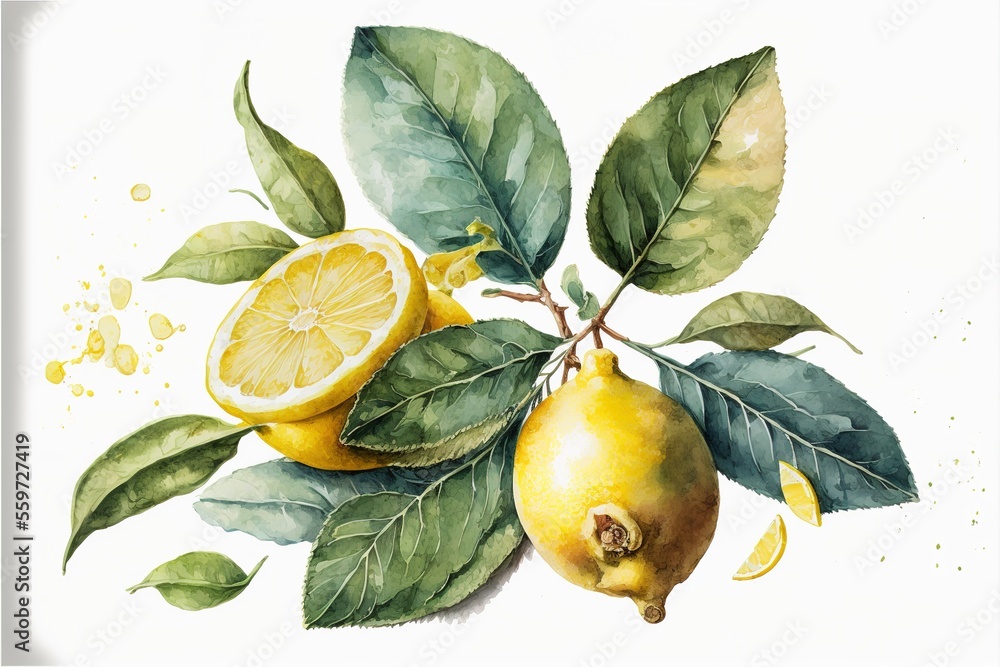 Poster a painting of a lemon tree with leaves and a lemon slice on it's branch with a lemon and a green lea