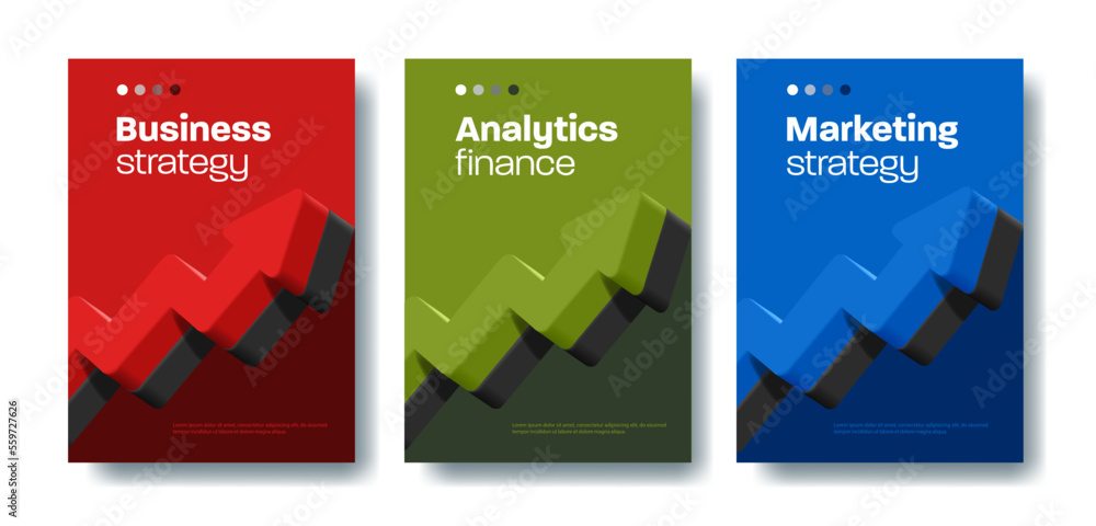 Poster set of web banners for business strategy, analytics and marketing with 3d render arrow in different 