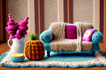 Obraz na płótnie Canvas Generative AI. miniature interior design of a minimalist living room made of cloth and wool yarn. colorful chairs and tables made of wool. children's cartoon animation movie style