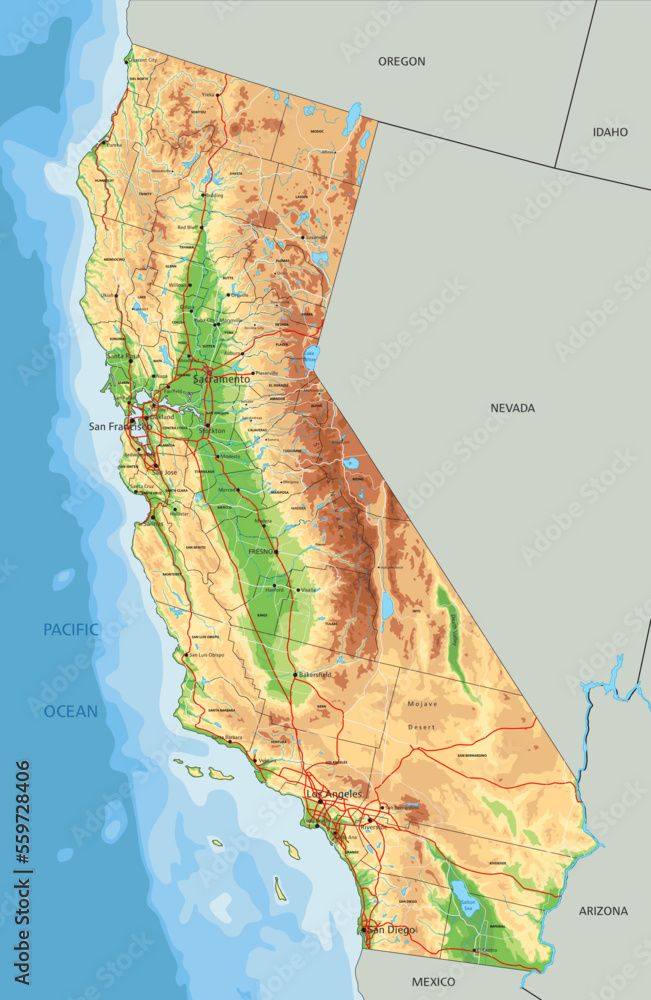 Wall mural high detailed california physical map with labeling.