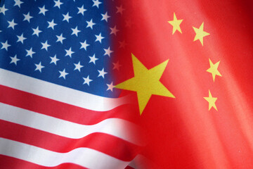 China and United States flags, red with yellow stars Chinese flag and half usa united states of...