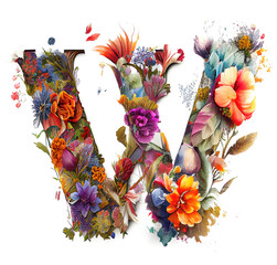 Colorful alphabet capital letter W made with flowers. Ink painting. Generative art - obrazy, fototapety, plakaty