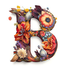 Colorful alphabet capital letter B made with flowers. Ink painting. Generative art