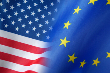 European Union and United States flags, blue european union EU flag and half usa united states of...