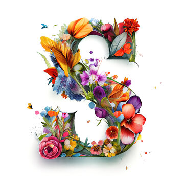 Colorful alphabet capital letter S made with flowers. Ink painting. Generative art