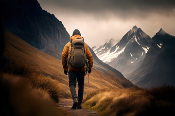 Rear view of hiker with backpack on the move in the autumn mountains. Generative art