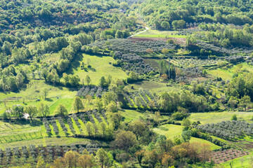 Fototapeta na wymiar A panoramic view of the Caserta province in Italy, showing the green farmland and the hills.