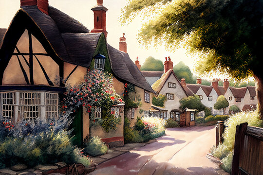 Watercolour painting of an old fashioned quintessential English country village in a rural landscape setting with an Elizabethan Tudor thatched cottage, computer Generative AI stock illustration image