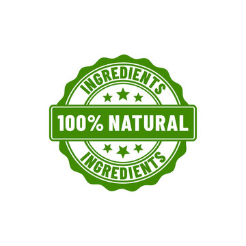 100% natural ingredients or Natural ingredients product icon vector illustration. Organic ingredients green label stamp. 100% natural ingredients, organic bio pharmacy and natural skincare cosmetic pr