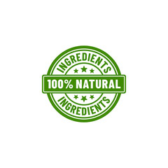 100% natural ingredients or Natural ingredients product vector illustration. Organic ingredients green label stamp. 100% natural ingredients, organic bio pharmacy and natural skincare cosmetic product