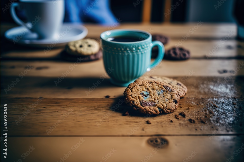 Poster a cookie and a cup of coffee on a table with a person in the background and a plate of cookies., gen