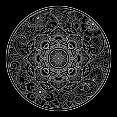 Circular pattern in form of mandala with flower for Henna, Mehndi, tattoo, decoration. Decorative ornament in ethnic oriental style. Outline doodle hand draw vector illustration.