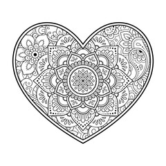 Mehndi flower pattern in form of heart for Henna drawing and tattoo. Decoration in ethnic oriental, Indian style. Valentine's day greetings. Coloring book page.