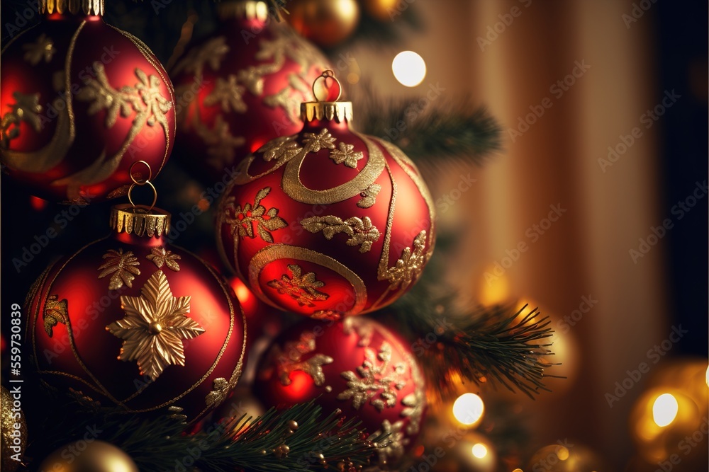 Poster a christmas tree with red and gold ornaments on it's branches and a blurry background of lights., ge