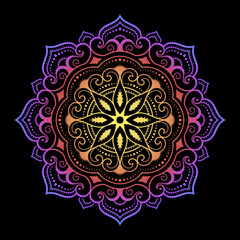 Color circular pattern in form of mandala with flower for decoration or print. Decorative ornament in ethnic oriental style. Rainbow design on black background.