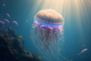Fototapeta na wymiar An extremely sharp and detailed portrait of jellyfish macro. Generative AI. Detailed jellyfish. The best picture of a jellyfish.