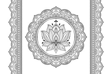 Seamless pattern of mehndi lotus flower and border for Henna drawing and tattoo. Decorative doodle ornament in ethnic oriental, Indian style. Outline hand draw vector illustration.