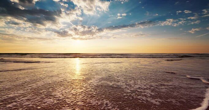 Seascape sunrise and text on beach sand new year 2023. Paradise island beach 4K video