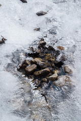 A close-up of a frozen stream on the way to Jannu peak viewpoint, one of the attractions of the Kanchenjunga base camp trek in Nepal.