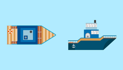 Ship or Boat Illustration with two views. Above and Side. Perfect for assets, game, stickers, development, signs, symbols, motion graphic. Set of Ship Design.