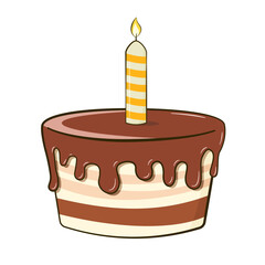 Chocolate birthday cake with candle. Cartoon. Vector illustration