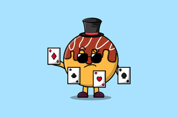 Cute cartoon Takoyaki magician character playing magic cards in flat cartoon style illustration