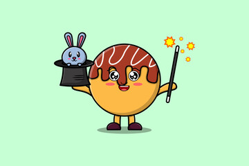 cute cartoon Takoyaki magician character with bunny character coming out from magic hat