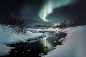 Aurora borealis, Northen polar lights, green color sky, Winter dark snowy mountain lanscape. AI generative
