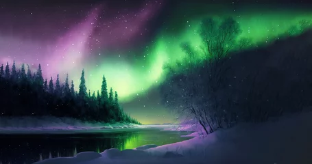 Fotobehang Aurora borealis, Northen polar lights, green purple color sky, Winter dark snowy mountain lanscape. AI generative © Rawf8