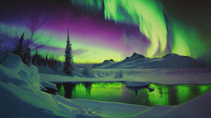 Aurora borealis, Northen polar lights, green purple color sky, Winter dark snowy mountain lanscape. AI generative