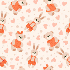Seamless pattern of cute teddy bears and rabbits with colorful hearts on a light background. Vector