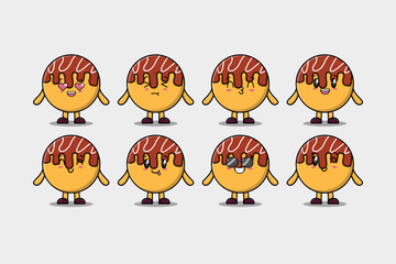 Set kawaii Takoyaki cartoon character with different expressions cartoon face vector illustrations
