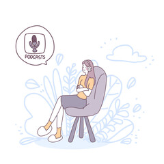A girl sitting on the sofa and using a podcast
