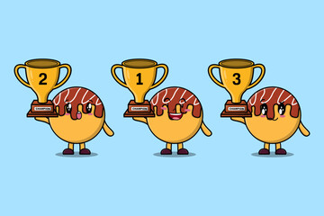 Set of cute cartoon Takoyaki holding trophy with happy expression in 3d modern style design