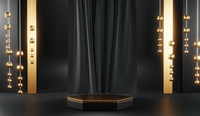 3D rendering of backdrop black podium background show room for black friday products and sale banner