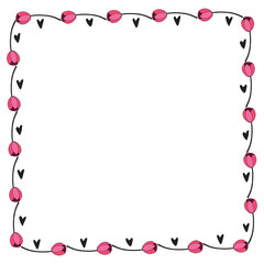 Vector square frame, wreath from red tulips and hearts. Hand drawn doodle isolated. Background, border for greeting card, invitation, wedding, birthday, Valentine's Day