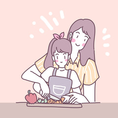 Vector flat illustration with a girl who cooks in the kitchen