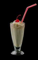 vanilla milkshake and cherry isolated on black background