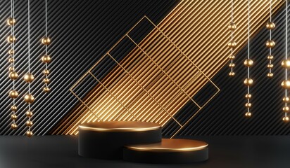 3D rendering of backdrop black podium background show room for black friday products and sale banner