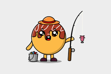 Cute cartoon Takoyaki ready fishing character illustration wearing fishing equipment 