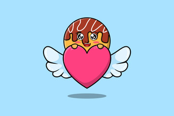 cute cartoon Takoyaki character hiding heart in flat cartoon style illustration