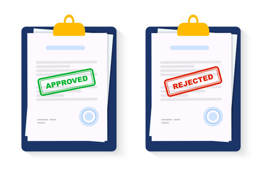Approved and rejected document. Clipboard with document, red rejected and green approved stamp. Flat vector illustration