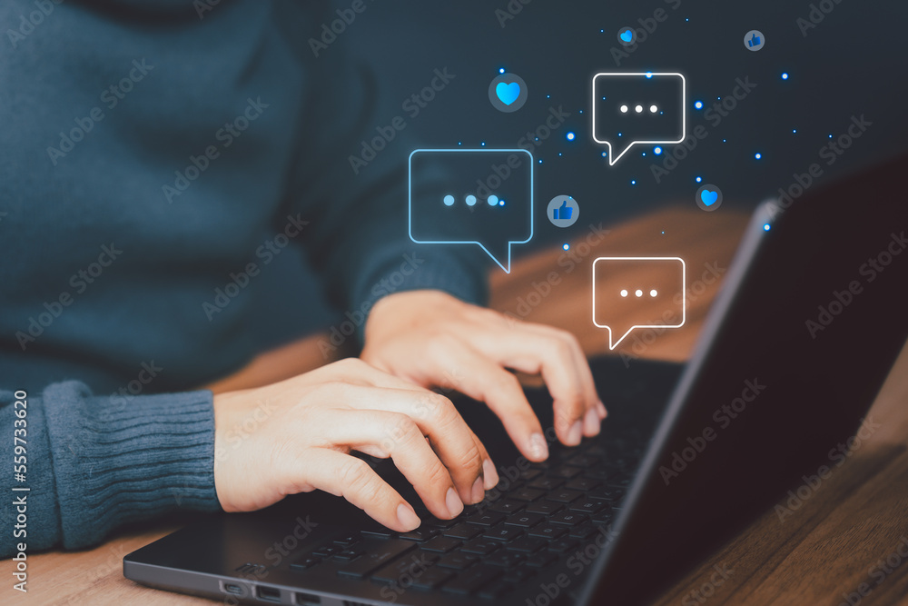 Poster Adult man using a computer laptop typing live chat chatting on application communication digital website, Social media application chat box and social network technology concept.