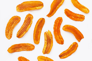 Spicy snack, Banana slice chips paprika flavor on white background.