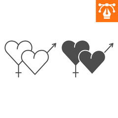 Heterosexual symbol line and solid icon, outline style icon for web site or mobile app, gender and sex, two hearts vector icon, simple vector illustration, vector graphics with editable strokes.