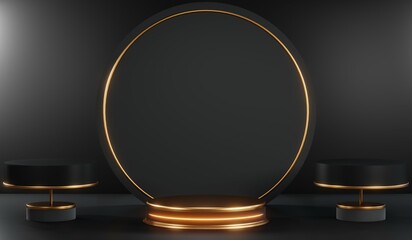 3D rendering of backdrop black podium background show room for black friday products and sale banner