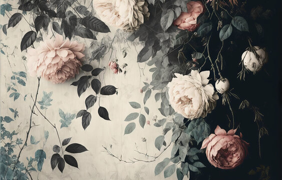 Fototapeta a wall with flowers and leaves on it and a black background with a white wallpaper with a floral pattern., generative ai