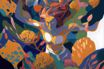 Abstract composition of a woman surrounded by colorful shapes and elements resembling plants, flowers and corals. Generative AI illustration.