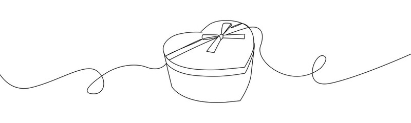 Heart gift box one line drawing. Continuous one line heart box.Presents with ribbon bow.Hand drawn greeting valentine present box.Line art valentine surprise.Heart with a ribbon